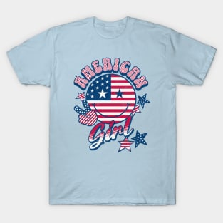 American Girl American Flag Retro Smiley Face T-Shirt